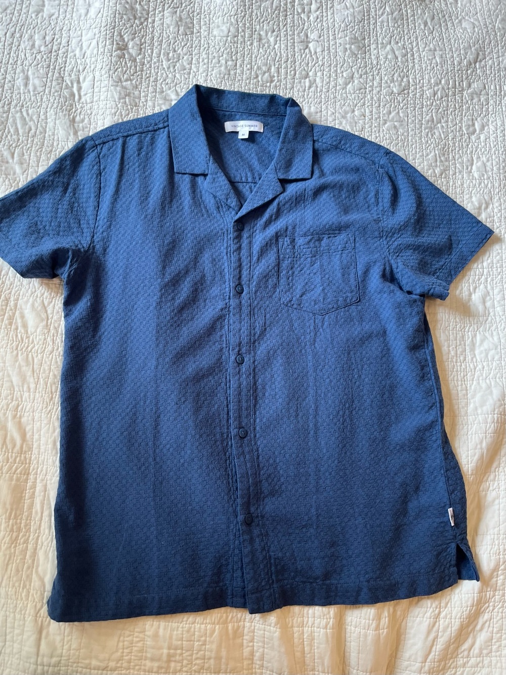 Vintage Summer men’s cotton Short-Sleeve Collar button front Shirt in Navy